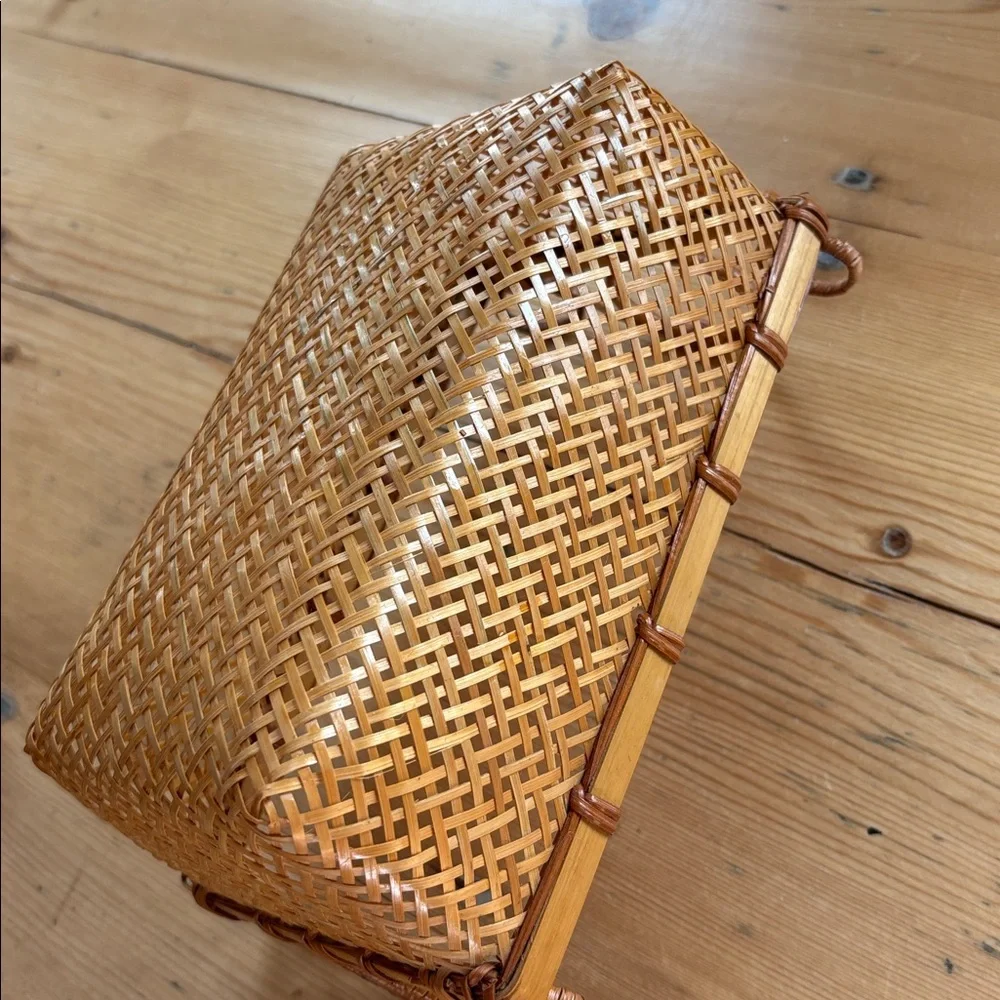Handcrafted rectangular woven rattan/bamboo basket handles & latticework design